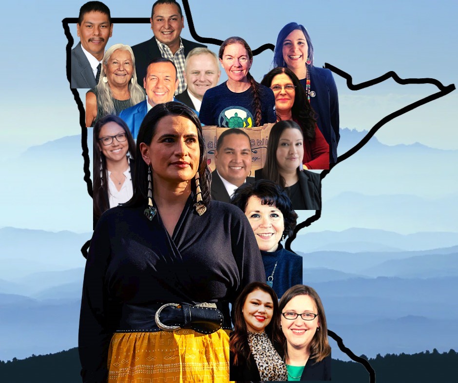 a collage in the shape of the state of Minnesota featuring images of Native candidates running for office or who currently hold office in Minnesota